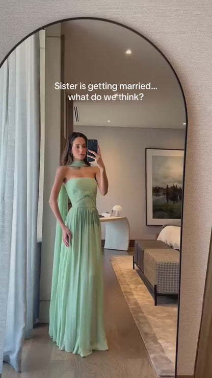 Green Tube Top Sleeveless Back Zipper Sheath Formal Dress Party Gown with Scarf