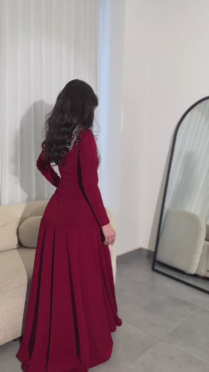 Burgundy Rhinestones Beading Long Sleeves Pleated Back Zipper High Neck A-Line Evening Gown