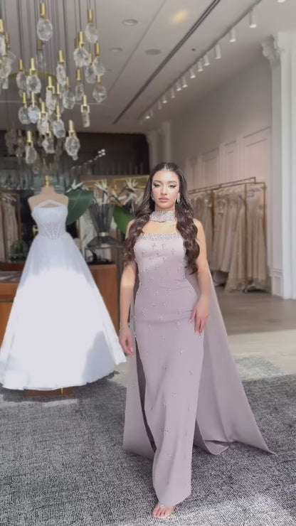 Sheath Vintage Mauve Tube Top Sleeveless Beaded Formal Evening Dress with Shawl