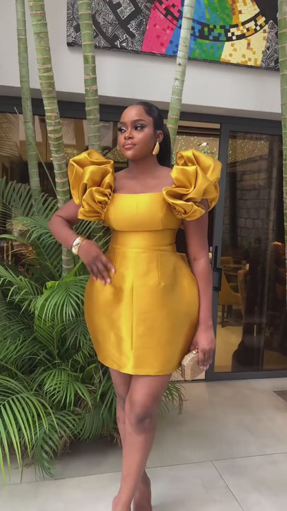 Marigold Square Neck Short Puff Sleeves Sheath Satin Homecoming Dress