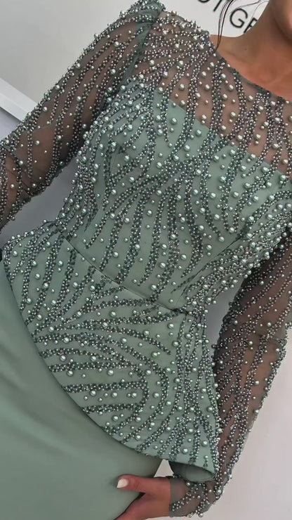 Sheath Floor Length Long Sleves Bateau Neck Beaded Evening Formal Dress