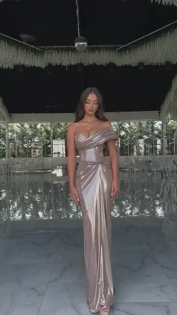 Taupe One Shoulder Pleated Floor Length Evening Prom Dress