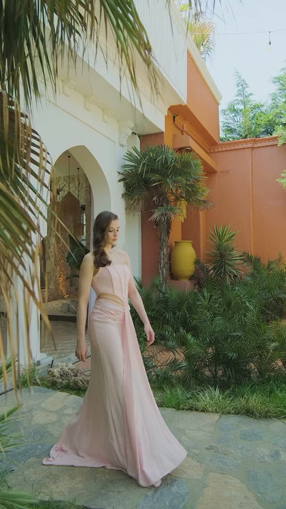 Blush Column Sleeveless Strapless Beaded Ruched Back Zipper Formal Gown