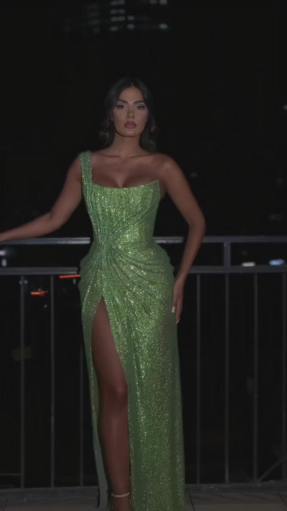 Green One Shoulder Pleated Side Slit Sleeveless Prom Dress