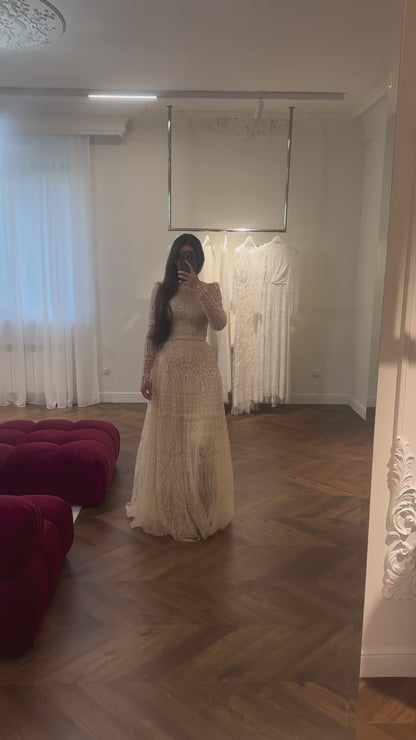 A-Line Long Sleeves Bateau Neck Beaded Sweep Trian Evening Formal Dress