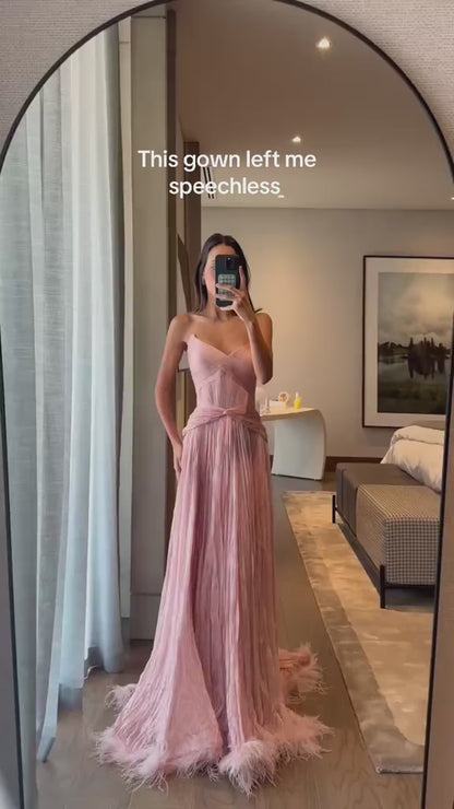 Light Pink V Neck Sleeveless Pleated Back Zipper Feather A-Line Formal Evening Gown