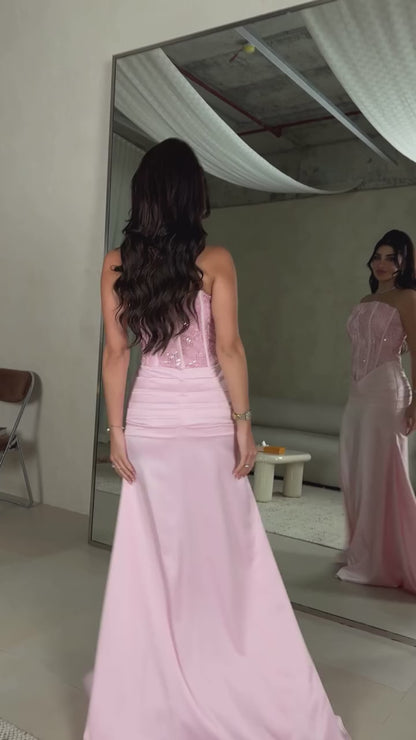 Pink Tube Top Sleeveless Beaded Pleated Sheath Back Zipper Evening Formal Gown