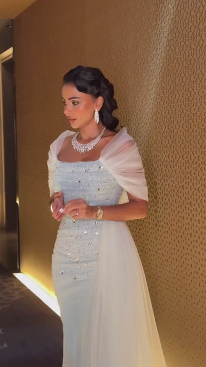 Light Blue Pleated Square Neck Cap Sleeves Beaded Sheath Formal Evening Dress