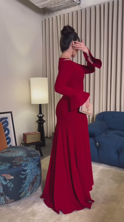 Burgundy Long Sleeves Bateau Neck Mermaid Evening Formal Dress