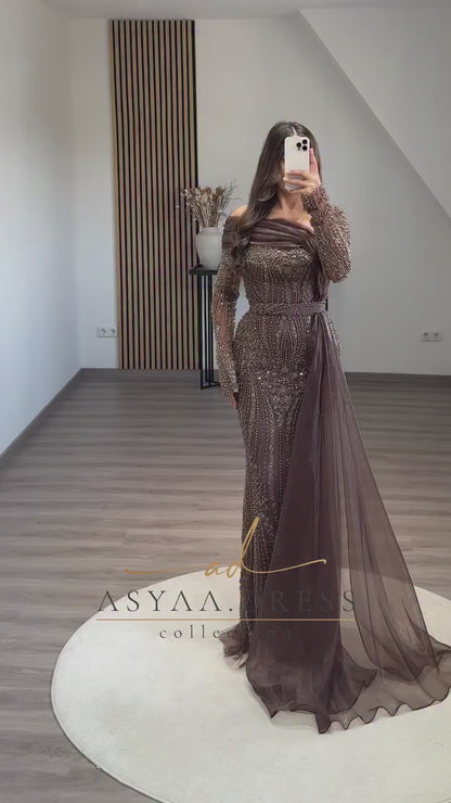 Sheath Asymmetrical Neck Long Sleeves Full Beaded Evening Formal Dress