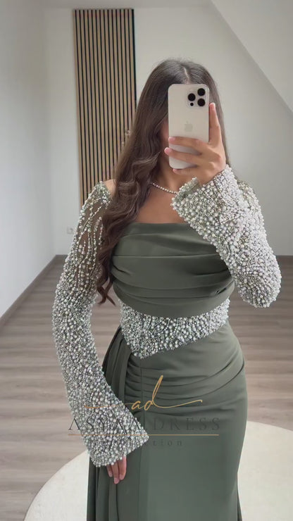 Navy Square Neck Long Sleeves Beaded Sheath Sweep Train Formal Evening Dress