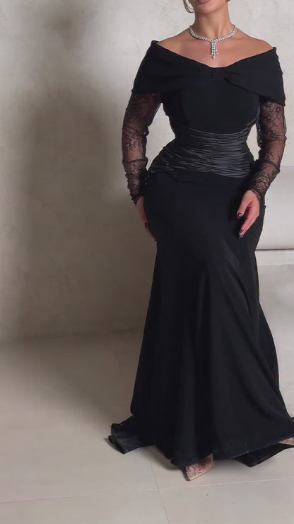 Black Off Shoulder Long Lace Sleeves Pleated Sweep Train Mermaid Evening Formal Gown