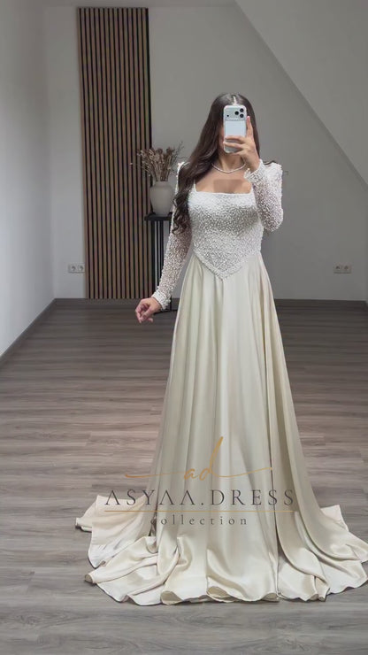 A-Line Beaded Square Neck Long Sleeves Long Formal Evening Dress