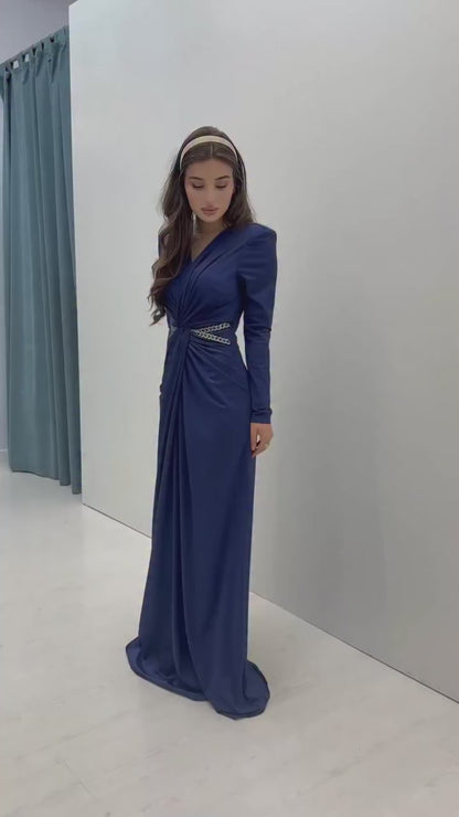 Navy V Neck Long Sleeves Evening Dress Sheath Pleated Long Formal Dress