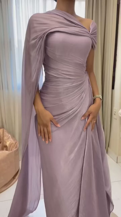 Lilac Sheath Pleated Asymmetrical Neck Pleated Evening Fomal Dress