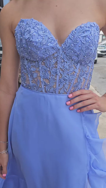 Blue A-Line Corset Long Prom Dress Ruffles Strapless Evening Gowns with Slit