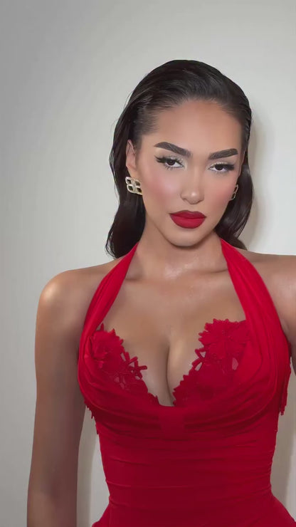 Red Halter Sleeveless Side Slit Ruched Sheath Evening Formal Gown