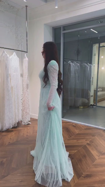 Blue Bateau Neck Long Sleeves Beaded Sheath Long Formal Evening Dress with Train