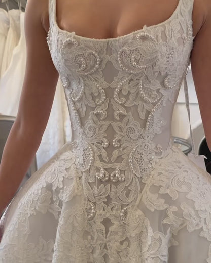 Square Neck Sleeveless Pearls Beading Appliqued Lace Ball Gown Wedding Dress
