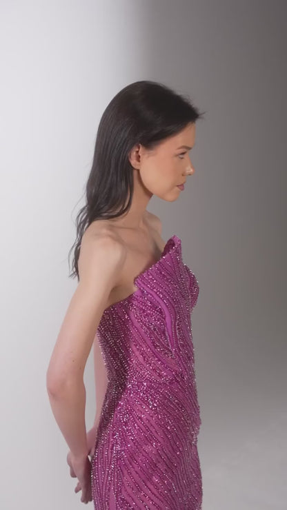 Fuchsia Asymmetrical Neck Sleeveless Beaded Sheath Sweep Train Evening Party Gown