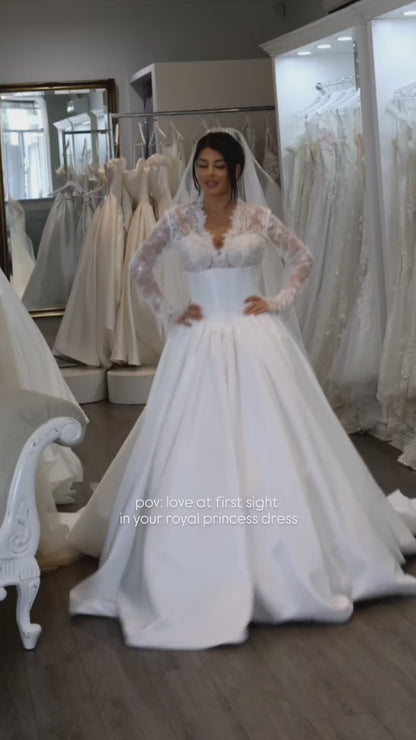 A-Line V Neck Lace Long Sleeves Satin Chapel Train Wedding Dress