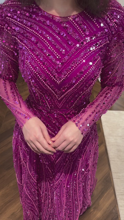 Fuchsia A-Line Bateau Neck Long Sleeves Beaded Back Zipper Evening Formal Gown