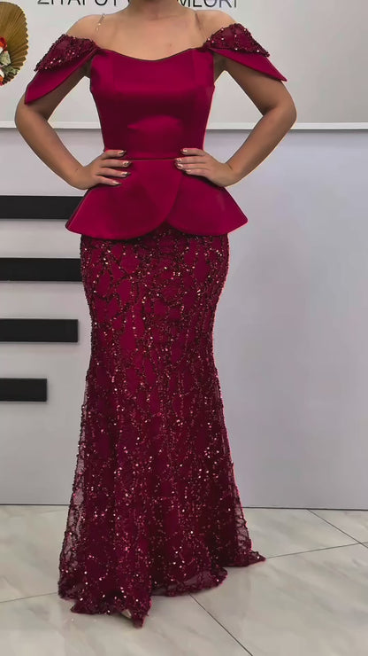 Mermaid Off Shoulder Sequins Beaded Floor Length Evening Formal Gown