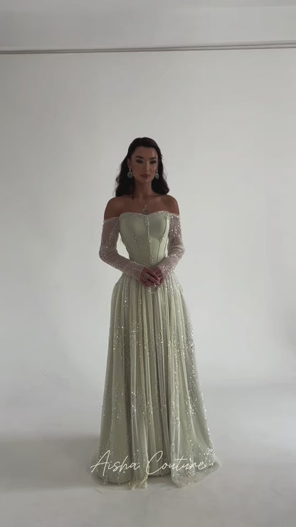 Sage A-Line Off Shoulder Long Sleeves Beaded Evening Dress