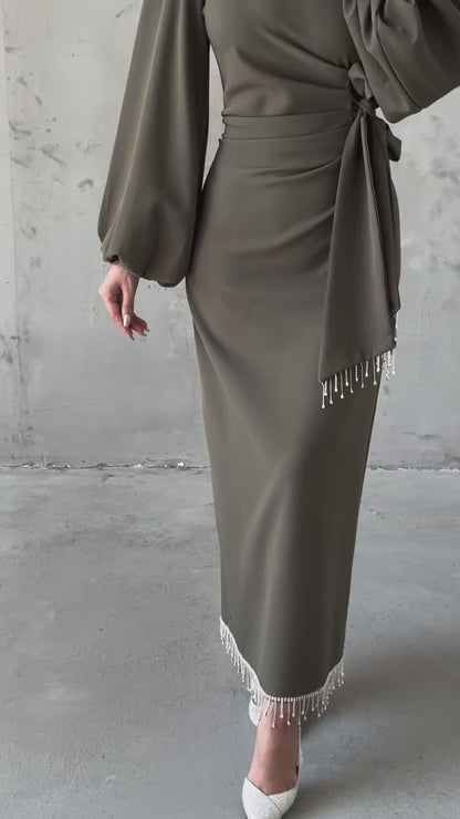 Sheath Long Puff Sleeves Tassel Ankle Length Formal Dress V Neck Pleated Evening Gown