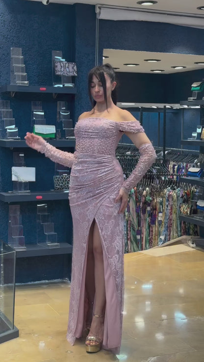 Column Off Shoulder Long Sleeves Beaded Lace Formal Evening Gown with Side Slit