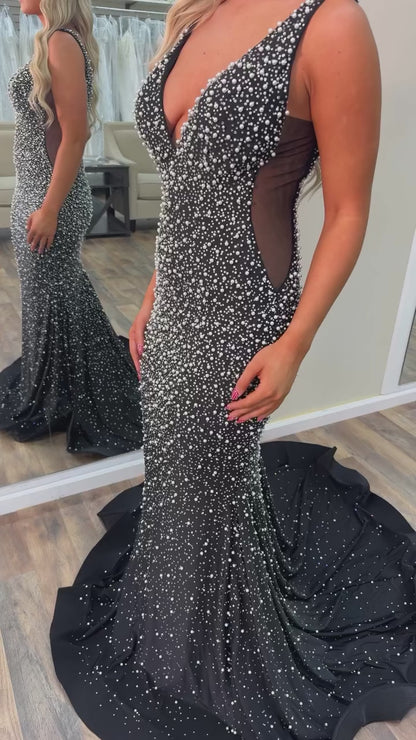 Mermaid Pearls Beading V Neck Sleeveless Regular Straps Prom Dress