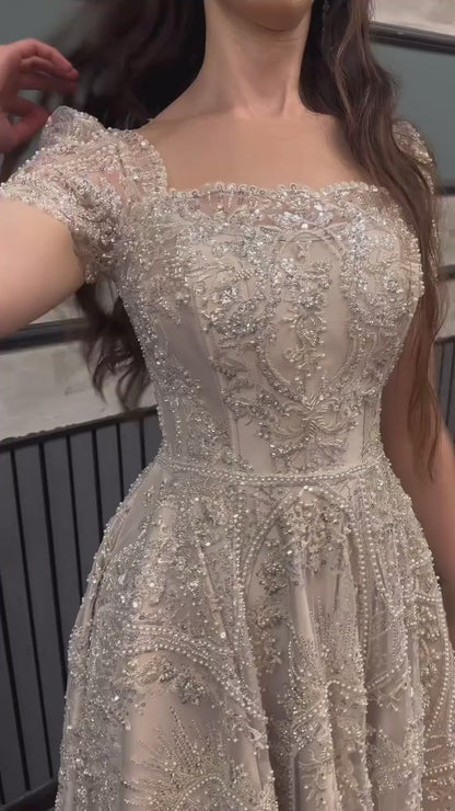 Gorgeous A-Line Sand Square Neck Short Sleeves Beaded Formal Evening Dress