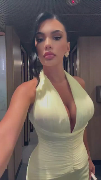 Yellow Halter Mermaid Sleeveless Lace Up Prom Dress