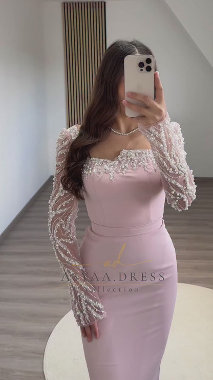 Light Pink Asymmetrical Neck Long Sleeves Beaded Pearls Back Zipper Sheath Long Formal Evening Gown