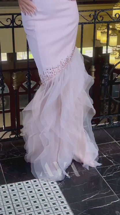 Light Pink Sleeveless One Shoulder Multi Tiered Hem Sheath Formal Evening Dress