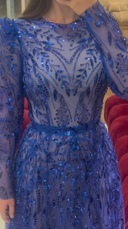 Royal Blue Beaded Sheath Long Sleeves Sweep Train Bateau Neck Evening Formal Dress