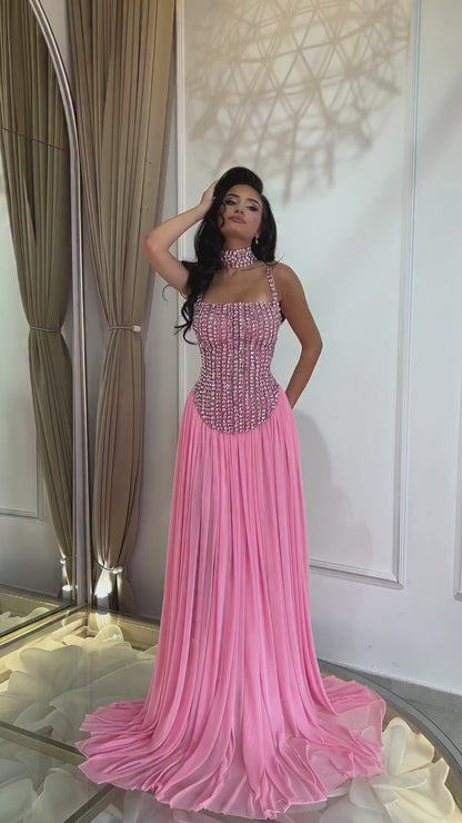 Candy Pink Suqare Neck Beaded Straps A-Line Formal Evening Dress with Sweep Trian
