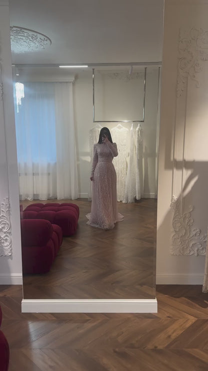 Soft Blush A-Line Bateau Long Sleeves Beaded Sweep Train Evening Formal Dress