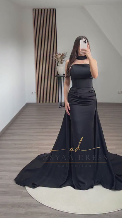 Simple Sleeveless Pleated Strapless Back Zipper Column Evening Formal Dress with Court Train