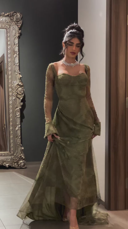 Sweetheart Long Sleeves Beaded A-Line Ruched Back Zipper Evening Dress