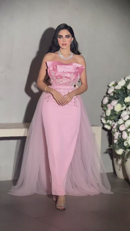 Sheath Asymmetrical Neck Sleeveless Beaded Ankle Length Tulle Train Evening Dress