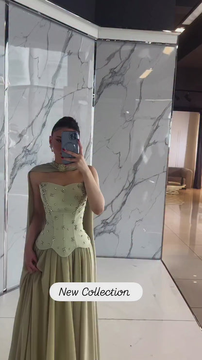 Dusty Sage Sweetheart Sleeveless Beaded A-Line Formal Evening Gown with Scarf