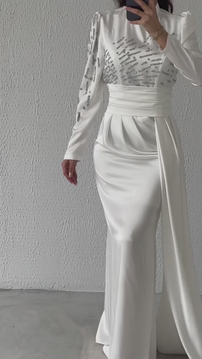 White High Neck Long Sleeves Pleated Column Formal Evening Dress with Side Train