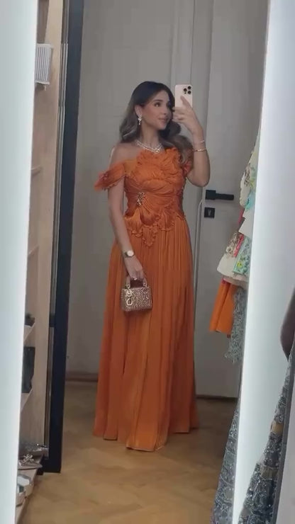Orange Pleated Floral Side Slit Off Shoulder Column Evening Formal Dress