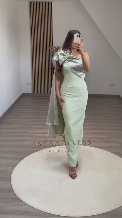 One Shoulder Sleeveless Back Zipper Pleated Ankle Length Sheath Formal Evening Gown