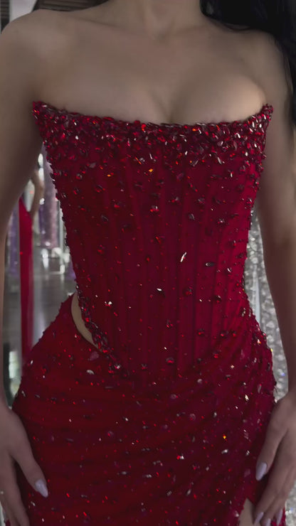 Sheath Full Beaded Strapless Sleeveless Pleated Side Slit Formal Prom Dress