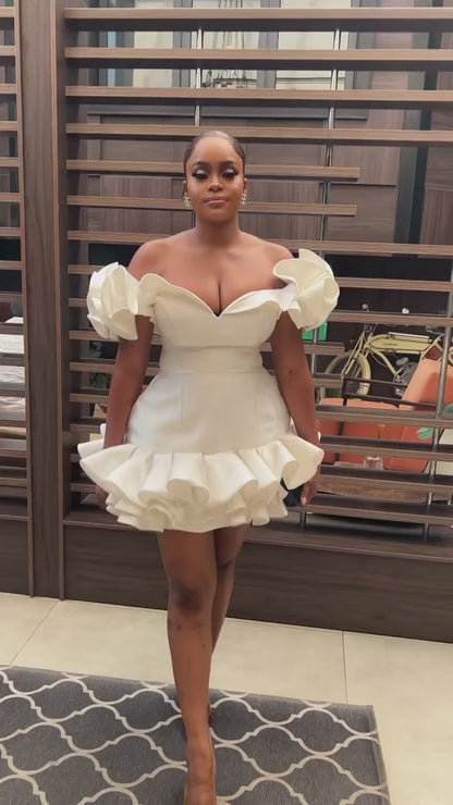 V Neck Off Shoulder Ruffles Sheath Sleeveless Homecoming Dress