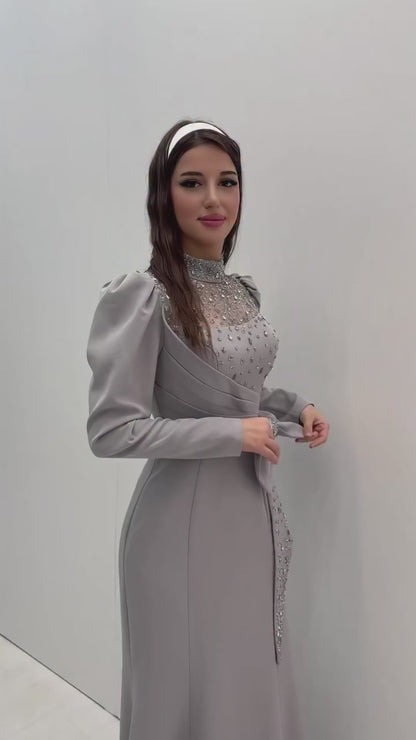 Gray Long Sleeves High Neck Bowknot Mermaid Evening Formal Dress