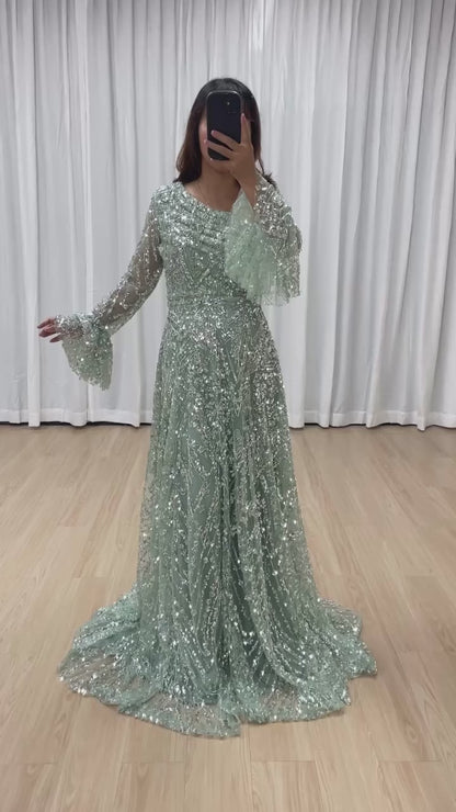 A-Line Green Asymmetrical Neck Long Bell Sleeves Beaded Back Zipper Evening Formal Gown