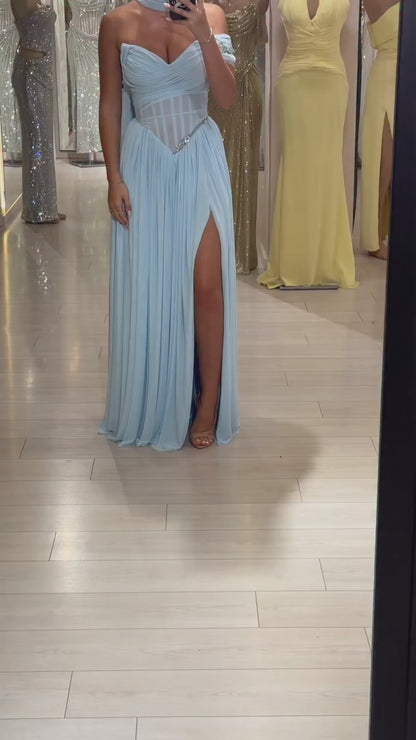 Sky Blue V Neck Sleeveless Side Slit A-Line Formal Evening Dress with Scarf